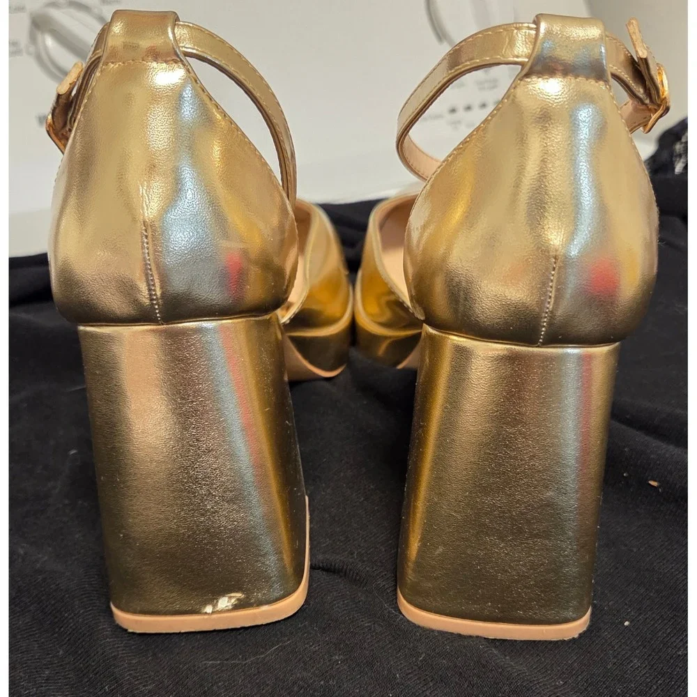 GenShuo Gold Metallic Platform Heels Square Toe Ankle Strap Block Heel Pumps 10